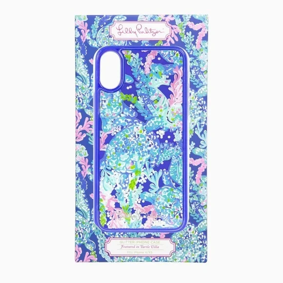 NIB Lilly Pulitzer Cute Blue Glitter Bomb iPhone X/XS Case, Turtle Villa